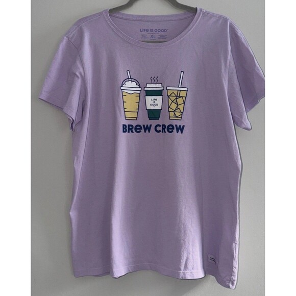 Life Is Good Tops - Life Is Good Crusher Lite Short Sleeve T-Shirt Purple Brew Crew Coffee XL